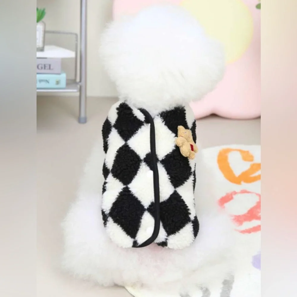 New Black & White Diamond Fleece Crew Neck Sleeveless Dog Vest with Bear, Small
